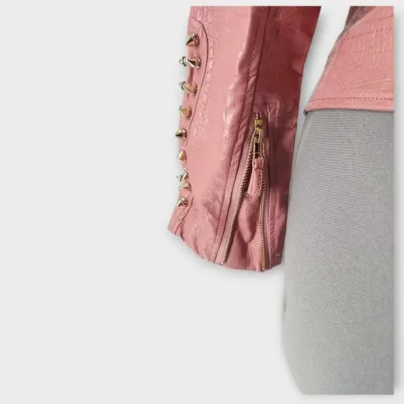 SX Honey Pot Spiked Jacket Womens S Faux Leather Baby Pink Belted Punk Moto NWT - Picture 5 of 10